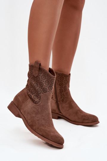 Botas de mujer con tacones anchos con elementos calados S.Barski HY52-530 color marrón