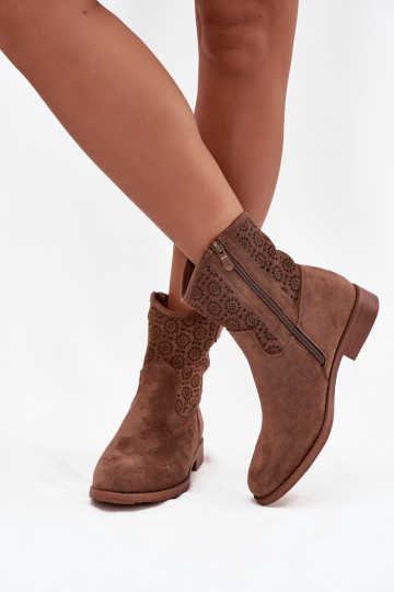 Botas de mujer con tacones anchos con elementos calados S.Barski HY52-530 color marrón 2