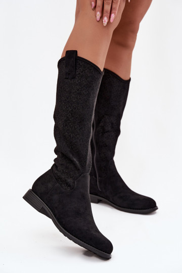 botas de mujer con elementos calados con tacones anchos S.Barski HY52-534 de color negro