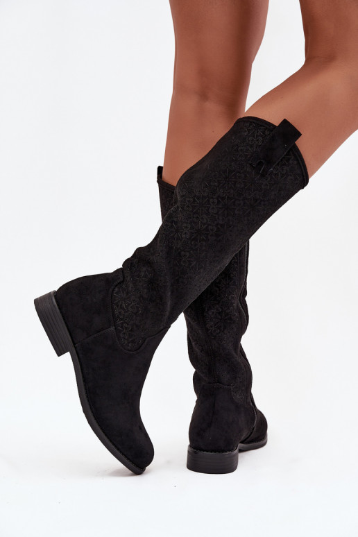 botas de mujer con elementos calados con tacones anchos S.Barski HY52-534 de color negro botas de mujer con elementos calados con tacones anchos S.Barski HY52-534 de color negro