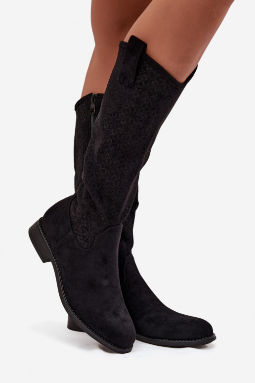 botas de mujer con elementos calados con tacones anchos S.Barski HY52-534 de color negro botas de mujer con elementos calados con tacones anchos S.Barski HY52-534 de color negro