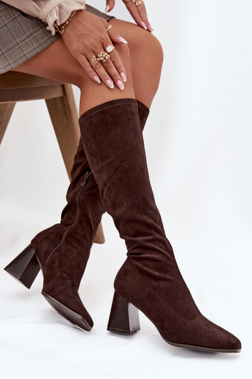 Botas altas para mujer con tacones y costuras color chocolate "Celandine"