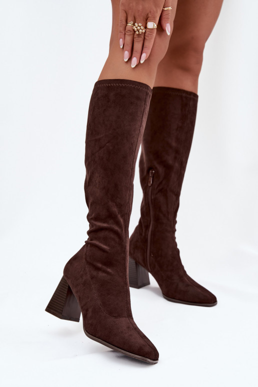 Botas altas para mujer con tacones y costuras color chocolate "Celandine"