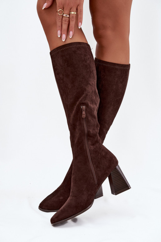 Botas altas para mujer con tacones y costuras color chocolate "Celandine"