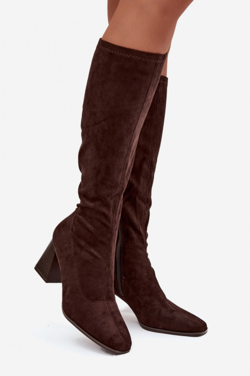 Botas altas para mujer con tacones y costuras color chocolate "Celandine"