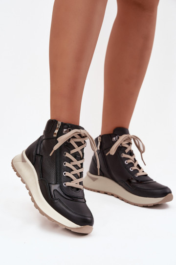 Botas deportivas para mujer con plataforma de cuero natural Zazoo Z1239 en negro