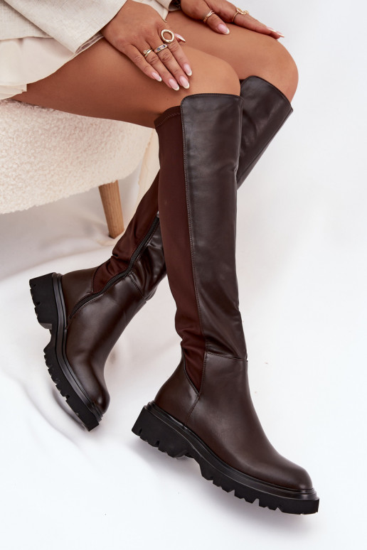 Botas largas de mujer de eco piel, color chocolate, Sylvina Botas largas de mujer de eco piel, color chocolate, Sylvina