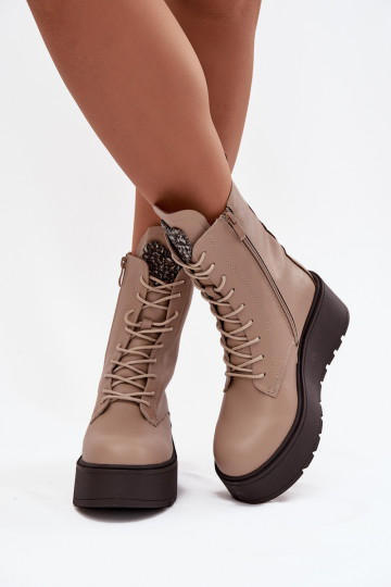 Piel Botas de mujer con adornos calentamiento beige Ulrika