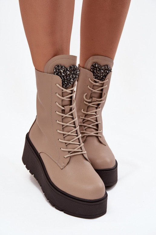 Piel Botas de mujer con adornos calentamiento beige Ulrika