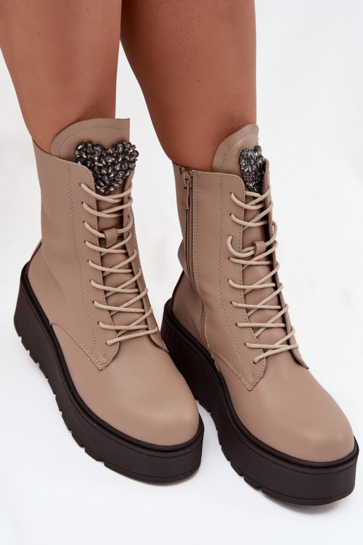 Piel Botas de mujer con adornos calentamiento beige Ulrika