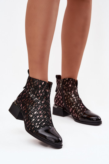 con efecto barniz Botas de mujerActivadoturalnej Skóry En un tacón bajo D&A LZ52-960 de color negro
