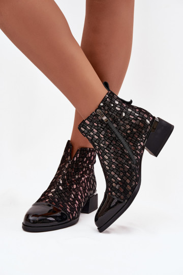 con efecto barniz Botas de mujerActivadoturalnej Skóry En un tacón bajo D&A LZ52-960 de color negro 2