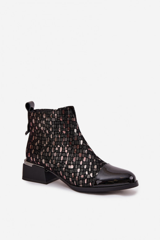 con efecto barniz Botas de mujerActivadoturalnej Skóry En un tacón bajo D&A LZ52-960 de color negro