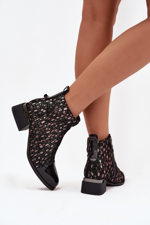 con efecto barniz Botas de mujerActivadoturalnej Skóry En un tacón bajo D&A LZ52-960 de color negro