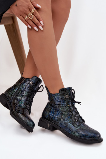con efecto barniz Botas de mujerActivadoturalnej Skóry D&A LZ52-962 azul oscuro