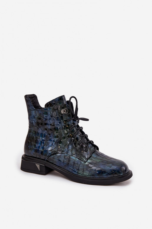 con efecto barniz Botas de mujerActivadoturalnej Skóry D&A LZ52-962 azul oscuro