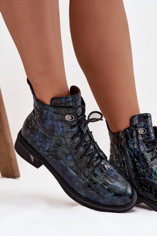 con efecto barniz Botas de mujerActivadoturalnej Skóry D&A LZ52-962 azul oscuro