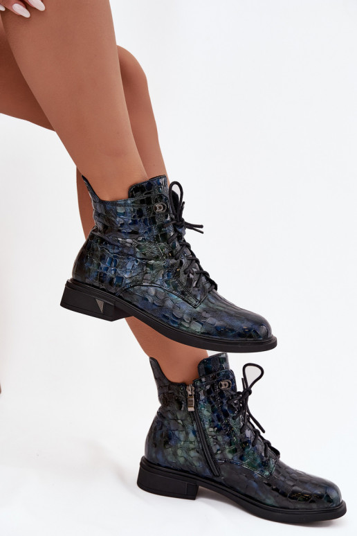 con efecto barniz Botas de mujerActivadoturalnej Skóry D&A LZ52-962 azul oscuro