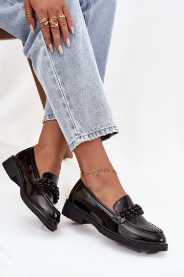 Mocasines para mujer con efecto charol y cuentas S.Barski HY52-541 color negro