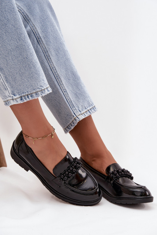 mocasines de mujer con efecto barniz Con cuentas S.Barski HY52-541 de color negro