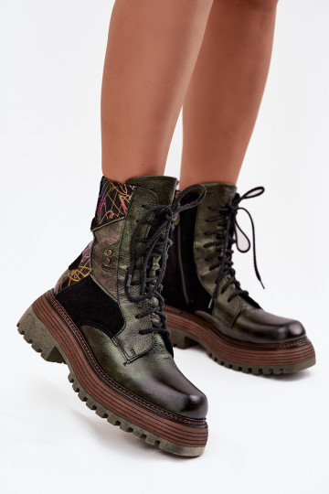 Botas de trabajo de cuero para mujer con plataforma Tai turiciejka 07104-09 color caqui
