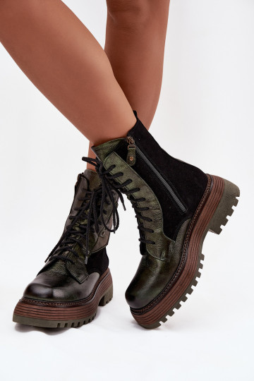 Botas de trabajo de cuero para mujer con plataforma Tai turiciejka 07104-09 color caqui 2