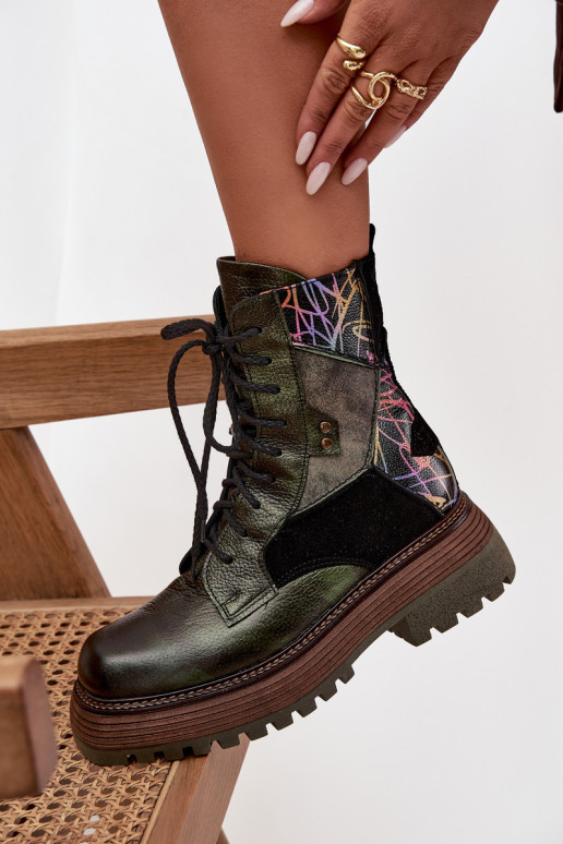 Piel botines de trabajo Femenino con una plataforma Tiene queciejka 07104-09 de color caqui