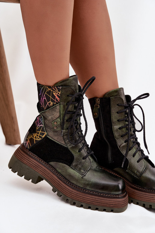 Piel botines de trabajo Femenino con una plataforma Tiene queciejka 07104-09 de color caqui