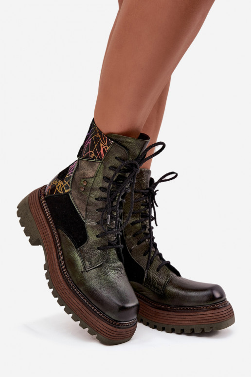 Piel botines de trabajo Femenino con una plataforma Tiene queciejka 07104-09 de color caqui