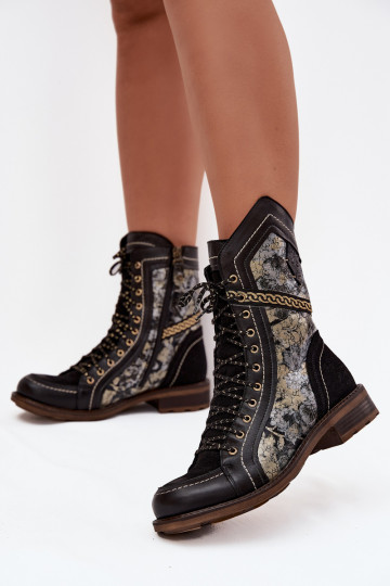 Botines de mujer de cuero natural Tai turiciejka 07097-01 color negro y dorado