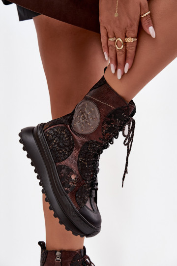 Piel Botas con una plataforma calentamiento Tiene queciejka 06565-02 marrón-color dorado