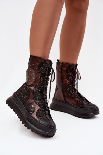 Piel Botas con una plataforma calentamiento Tiene queciejka 06565-02 marrón-color dorado 2