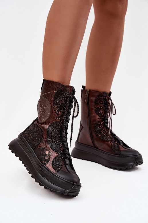 Piel Botas con una plataforma calentamiento Tiene queciejka 06565-02 marrón-color dorado