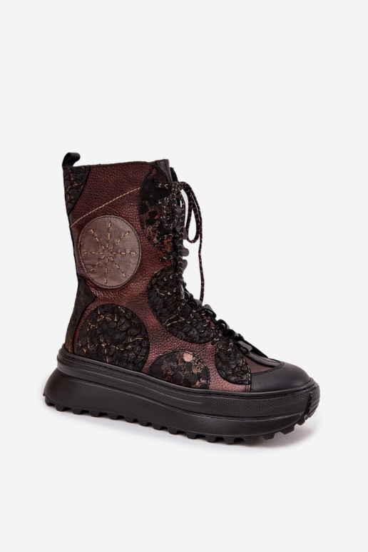 Piel Botas con una plataforma calentamiento Tiene queciejka 06565-02 marrón-color dorado