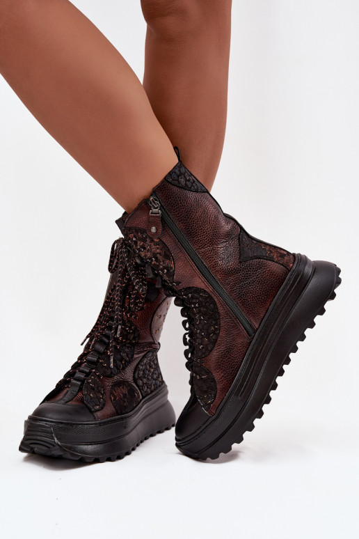 Piel Botas con una plataforma calentamiento Tiene queciejka 06565-02 marrón-color dorado