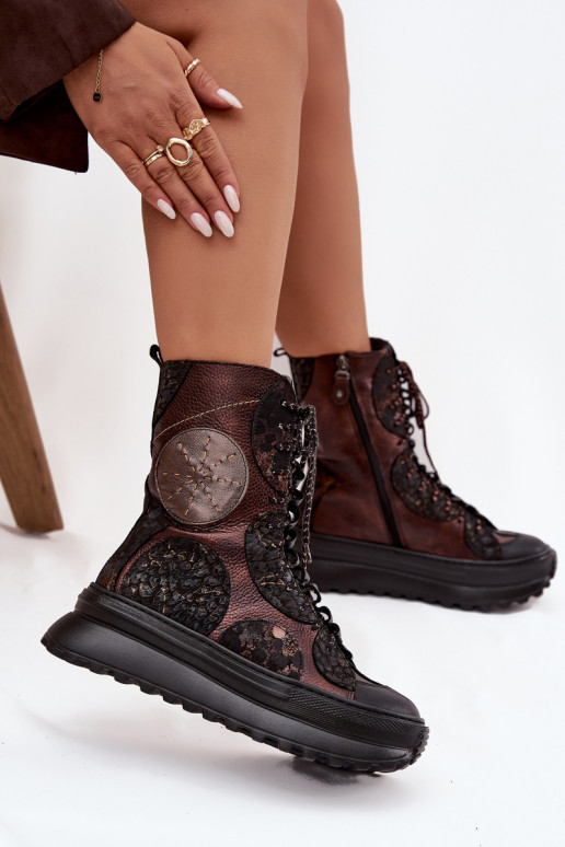 Piel Botas con una plataforma calentamiento Tiene queciejka 06565-02 marrón-color dorado