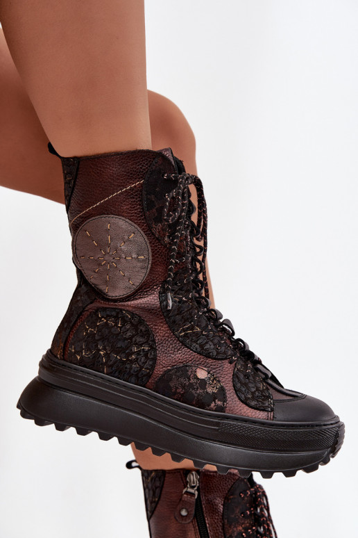 Piel Botas con una plataforma calentamiento Tiene queciejka 06565-02 marrón-color dorado