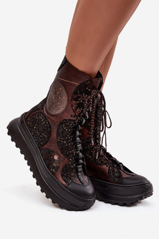 Piel Botas con una plataforma calentamiento Tiene queciejka 06565-02 marrón-color dorado