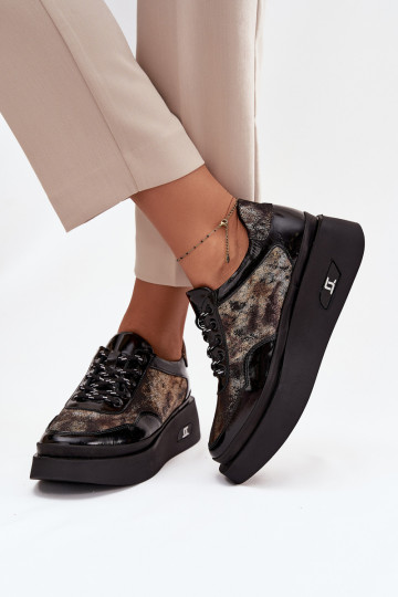 Piel Zapatos con cordones Femenino con una plataforma Artiker 57C2042 Negro y-color dorado