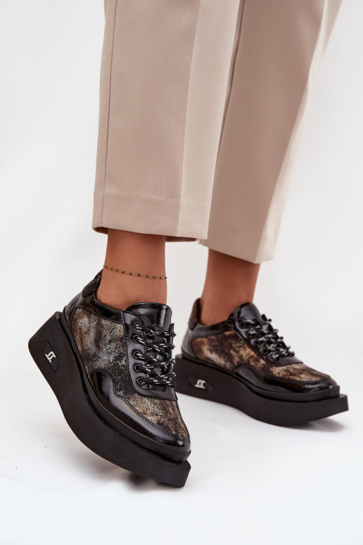 Piel Zapatos con cordones Femenino con una plataforma Artiker 57C2042 Negro y-color dorado