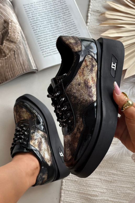 Piel Zapatos con cordones Femenino con una plataforma Artiker 57C2042 Negro y-color dorado