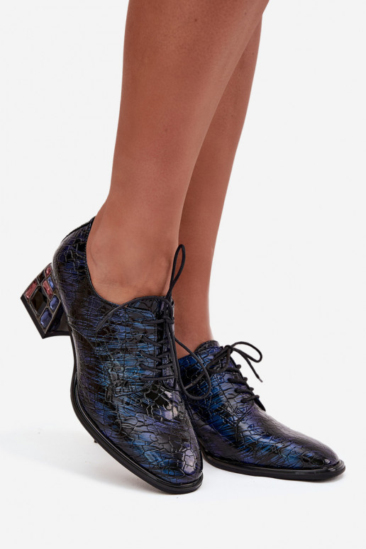 Botines de piel auténtica lacada Femenino con tacones con ojos brillantes Artiker 55C0428 azul oscuro