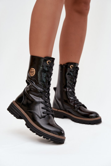 con efecto barniz botines de trabajo Femenino Ze color doradom Detalem calentamiento de color negro Dorialine 2