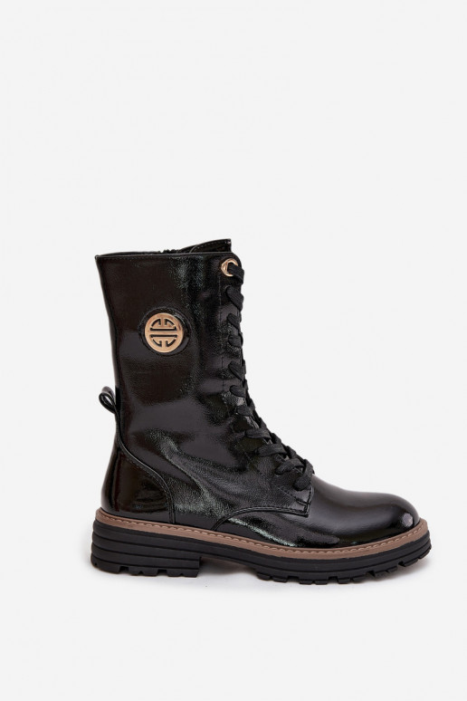 con efecto barniz botines de trabajo Femenino Ze color doradom Detalem calentamiento de color negro Dorialine