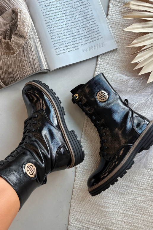 con efecto barniz botines de trabajo Femenino Ze color doradom Detalem calentamiento de color negro Dorialine