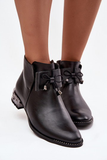 Botines de mujer de cuero natural con tacón bajo Zazoo 1396 color negro