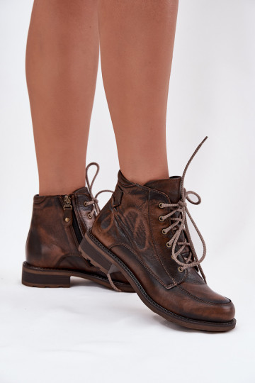 Botines de mujer de cuero natural con tacones anchos Tai turiciejka 07063-02 color marrón