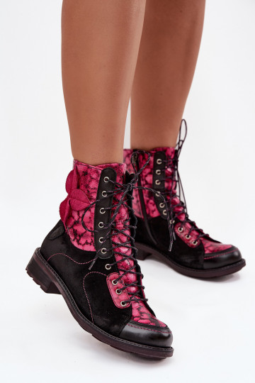 Botines de mujer de cuero natural con tacones anchos Tai turiciejka 07004-23 en negro y rosa 2