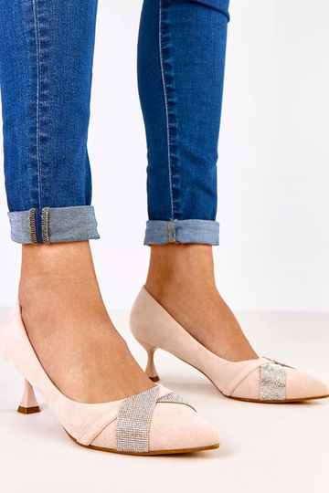 Zapatos de tacón color arena con tacón bajo y circonitas, Tajlana 2