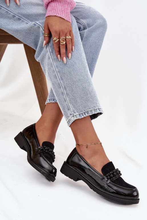 mocasines de mujer con efecto barniz Con cuentas S.Barski HY52-541 de color negro